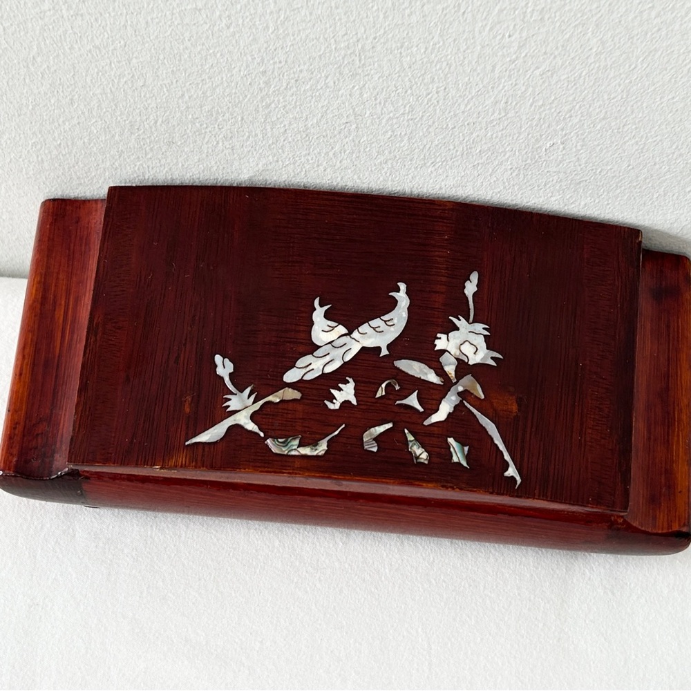 Vintage Korean Lacquered Wood Mother of Pearl Inlay Cigarette Smoking Box Birds
